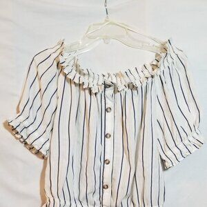 H&M Ladies Smocked-Waist Top White with Vertical Blue Stripes. Size 6.
